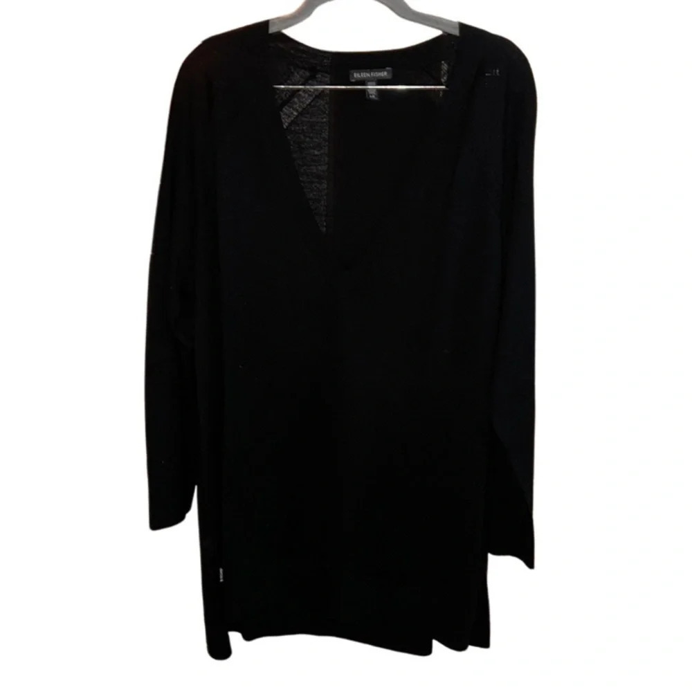 Eileen Fisher Merino Wool Longline Black VNeck Sweater Size Large